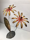 Vintage Flowers Daisy Enamel Mcm Brutalist Metal Copper Sculpture Stone Base