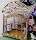 Antique Dome Brass Wire Hanging Bird Cage Parakeet  Porcelain Dishes Art Deco 