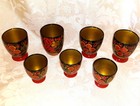 Vintage Russian Golden Khokhloma Wooden Lacquer Vodka Goblets Set Of 7