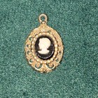 Oval Cameo Pendant Charm Ornate Frame Gold Tone Black   White Portrait