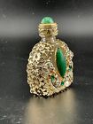 Czech Glass And Metal Filligree Perfume Bottle Gold And Green