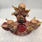 Vintage Ceramic Angel Cherub Candle Holder Taper Tealight 3 Figures Gold Accents