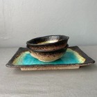 Artsy Crazed Turquoise Blue Pottery Small Tray Plate Bowls Set Decorative Ethnic