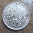 France 1960 5 Francs Silver Coin  835 Silver La Semeuse Sower French Republic