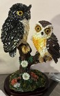 Vintage Resin Owl Figurine Pair On Branch Tree Stump Woodland Bird Statue Decor