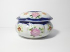 Vintage Hand Painted Porcelain Hair Receiver Flowers White Cobalt Blue Gold Trim