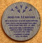 1982 Wooden Nickel - Numismatic News - 30th Anniversary  -  good For  2 Savings 