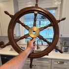 Wood   Brass Nautical Ship Wheel Wall Decor With Brass Center Hub Accent