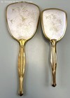 50s Vintage Vanity Brush And Mirror Hand Held Gold Tone Set Etched Birds   Vines