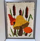 Mushroom Mushies Latch Hook Rug Tapestry Vintage Framed  30  X 20  1970s