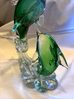 Murano Style Sommerso Emerald Green Encased Glass 2 Dolphins Wave Figurine 8 