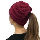 Red  Women Ponytail Messy Bun Beanie Pony Tail Winter Knit Stretch Hat Us