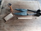 Vintage Sheep Shears And Shuttle And Flax Spool And Wood Spool
