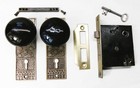 Antique Set Eastlake Backplates Black Porcelain Door Knobs Mortise Lock W  Key