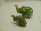 Vintage Green Jade Carved Elephants Figurine Large And Small Trunk Up 