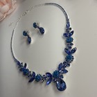 Silver Tone Blue Crystal Floral Teardrop Necklace Earrings Set Adjustable