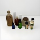 Antique Lot 9 Medicine Apothecary Glass Bottles Org Paper Labels Caps Vanity
