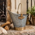 Vintage Galvanized Metal Coal Scuttle Bucket  Brass Tone Trim   Handle
