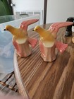 2vintage Royal Copley Mid Century Yellow Pink Bird On White Stump Figurine 4 25 