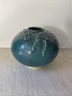 Vtg Blue Turquoise Carved Ceramic Jar Vase Bowl  7    Tall