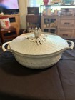 Vintage Hammered Aluminum Covered Dish W  Lid  Side Handles   Floral Finial