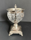 Antique Silver Plate   Crystal Pedestal Sugar Bowl Pot With Handles Ornate