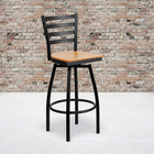 Hercules Series Black Ladder Back Swivel Metal Barstool - Natural Wood Seat