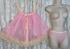 Vtg Rare M L Sheer Pink Full Sweep Chiffon Babydoll Nightie Nightgown Panty Set