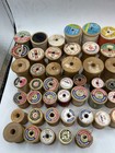 Vtg 67 Wooden Sewing Spools various Sizes some With Thread  Plus 1 Wooden Block