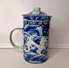 Chinese Porcelain Tea Mug With Lid   Infuser Dragons Blue With Red Accents F5007