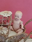 Antique German  Wire Filigree Miniature Dollhouse Doll Carriage Buggy With Baby