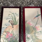 2- Vtg Asian Scenic Silk Framed Painting Art Mallard Duck Kingfisher Bird China