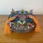 Vintage 40   s  Chinese Wicker Lidded Sewing Basket With Beads  Coins  Tassels 6   