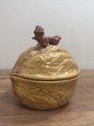 1960 Ceramic Walnut Lidded Candy Dish With Squirrel Handle   vtg Autumn fall Decor