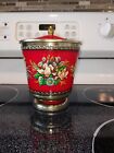 Vtg 7-1 4  Red   Gold Floral Candy Tin Container Canister Pedestal Base