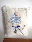 Vintage Handmade Embroidered Linen  Small Pocket Pillow Cottage Granny Core