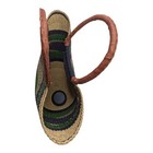 Handmade Woven Straw Bolga Tote Bag Green Navy Tan Leather Handles