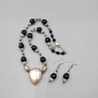 Sterling Silver Glitter Glass Beads Jewelry Set Pierced Earrings Necklace