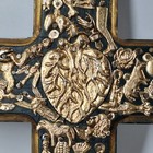 Vintage Mexican Folk Art Wood Cross Milagros Gold   Green 12  Free Shipping