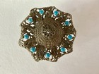 Antique Brass Filigree Vanity Powder Pressed Glass Jar W Turquoise Jewel Lid