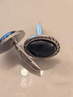 Vintage Mid-century Black Cabochon Cufflinks     Silver Tone Textured Bezel     Clas
