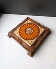 Vintage Retro Mod 70s Wood Frame Orange Brown Fliwer Ceramic Tile Trivet Mexico