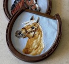 Vintage Finished Needlepoint Palomino Horse Portrait Art In Horseshoe Frame
