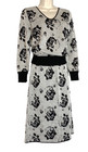 Vintage 1970s Silver Black Floral Sweater Dress Set S Midi Skirt Top Knit Gray