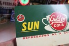 Rare 1950s Golden Sun Drop Cola Painted Metal Sign Bottle Coffee Cup Gas Oil Pop