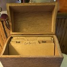 Vintage Wooden Recipe Box Brown Wood Grain Hinged Lid Dividers Kitchen Organizer
