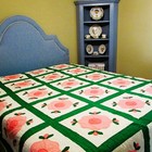 Vintage Handmade Quilt - Pink Flowers  Green Leaves  White Backing   79  X 95 