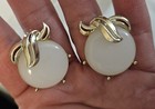 Vintage Rare Signed H s White Lucite Disk Gold Bracelet   Clip Earrings Set 