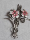 Vintage Brooch Large Enamel Flower Bouquet 1930s-40s Sterling With Marcasites Bb