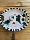 Handmade Ceramic Serving Tray W  Handles Crow And Cow Pink  11   x9 5    Original